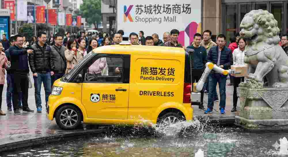 China Driverless Delivery Car Funny Incident
